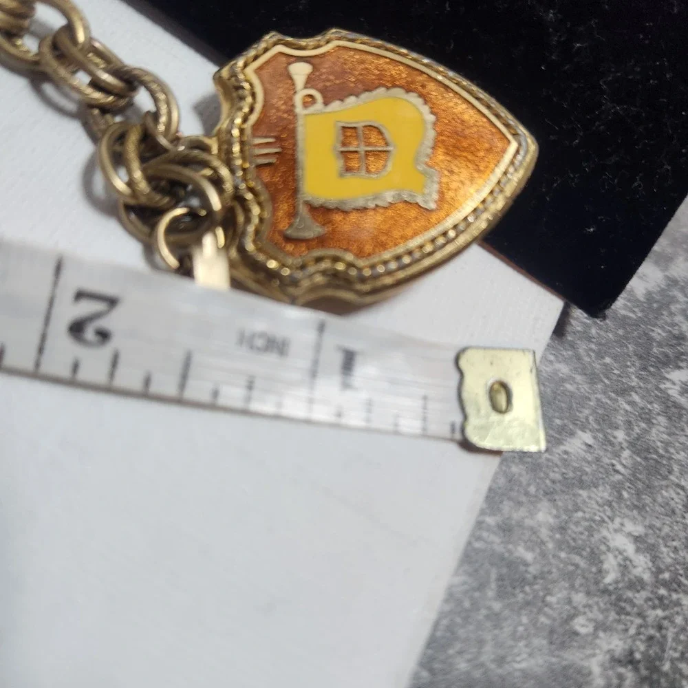 Vintage Gold Tone Heraldic Shield Crown‎ Charm Bracelet Orange Enamel